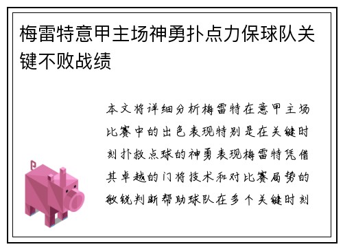 梅雷特意甲主场神勇扑点力保球队关键不败战绩